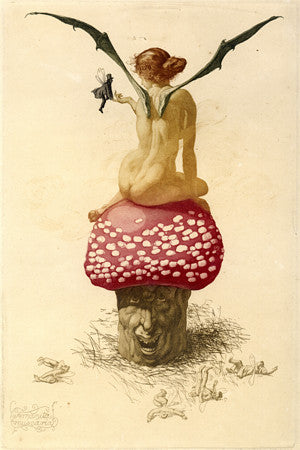 Amanita Muscaria. Winged nude female sitting on a Fly Agaric mushoom. Vintage art print
