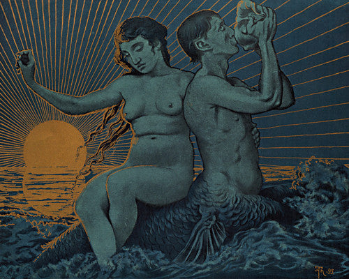 Triton and Nereide by Hans Thoma. Mythology. Water spirits. Fine art print 