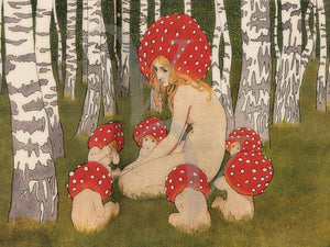 Mushroom Mother. Female in forest with mushroom babies. Vintage fine art print