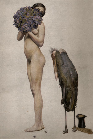 Courting. Coy nude with a stork. Vintage illustration. Fine art print 