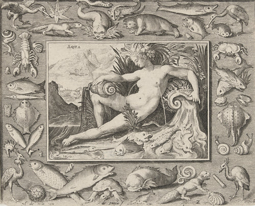 Aqua. Engraving of the element of water as woman, at the source. Fine art print 