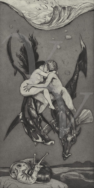 Seduction. Kissing couple riding fish. Fine art print 
