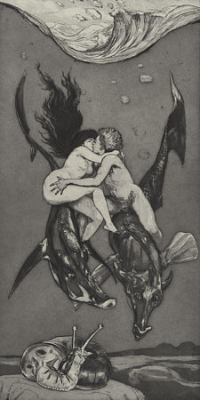 Seduction by Max Klinger. Kissing couple riding fish. Fine art print 