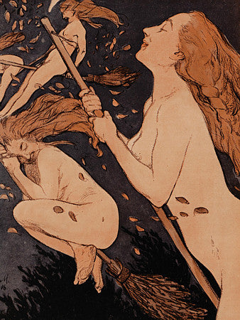 German illustration of witches flying on Walpurgis night. Pagan Fine art print