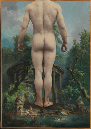 Colossus. Original collage of a giant man at a forest bath
