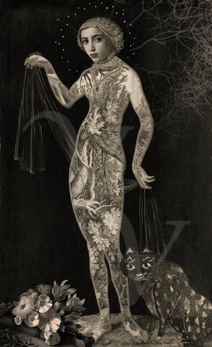 The Illustrated Night. Original collage. Strange woman with a cat