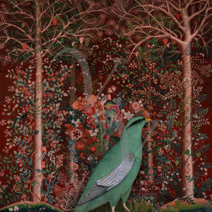 Ruby Forest. Original collage of a green bird in an exotic garden