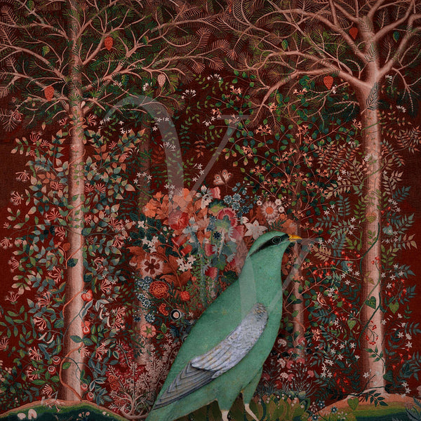 Ruby Forest. Green Bird in an Exotic Garden Collage - Opium of the Poets