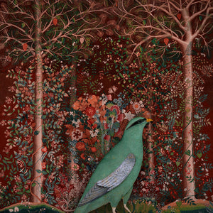 Ruby Forest. Green bird in a decadent, exotic garden