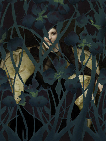 Dreamer. Woman with Irises. Original Collage