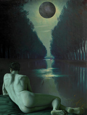 Night of Eros. Original collage. Nude male under night sky