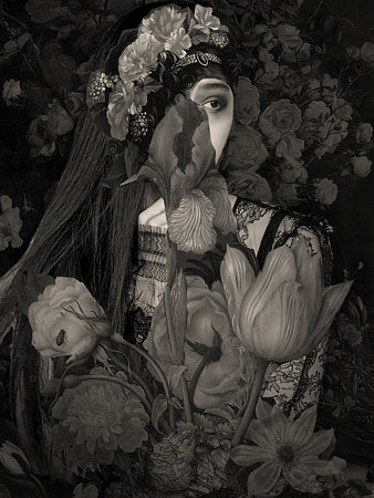 Melancholia. Woman with dark flowers collage. Fine art print 