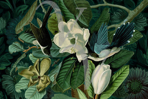 Deep Garden. Luscious Dark florals exotic botanical with birds. original collage. Fine art print