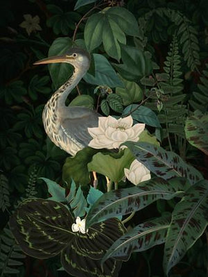Evening Jade original collage. Lush rain forest with tropical flowers and bird. Fine art print.