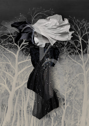 When I Dream. Surreal woman in moonlit night forest collage. Fine art print
