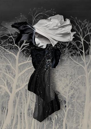 When I Dream. Surreal woman in moonlit night forest collage. Fine art print 