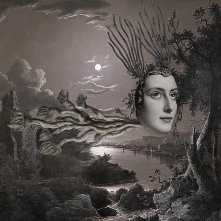 Quietly Goes the Night. Original collage. Surreal night spirit. 