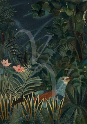 Bird in night forest. Dark floral, tropical jungle collage. Fine art print