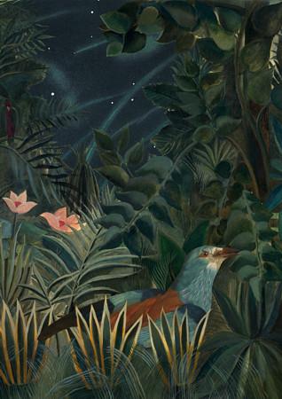 Bird in night forest. Dark floral, tropical jungle collage. Fine art print