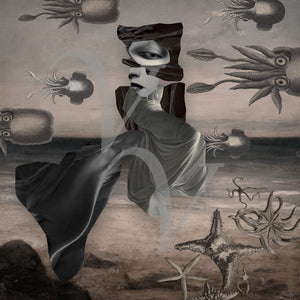 Surreal flying woman at octopus beach fine art print. Dream art. Fine art print