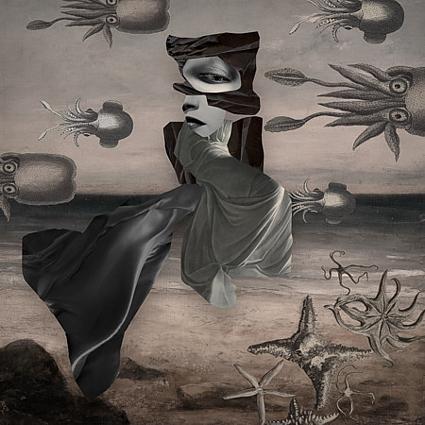 Evening Adventures. Surreal flying woman at octopus beach. Original collage. Fine art print. 
