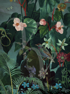 Daybreak dark floral lush exotic plants with birds botanical original collage. Fine Art Print