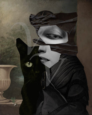 Familiar. Surreal original collage. Woman with black cat. Fine art print 
