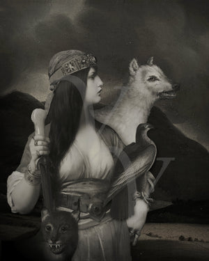 Wayfarers original collage of a woman with wild animals and a bird. Fine art print.