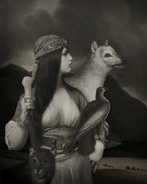 Wayfarers original collage of woman with wild animals and a bird. Fine art print.