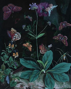 Dream of Spring. Dark night garden with butterflies. Original collage. Fine art print
