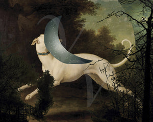 Dog running with Moon. Celestial collage. Fine art print