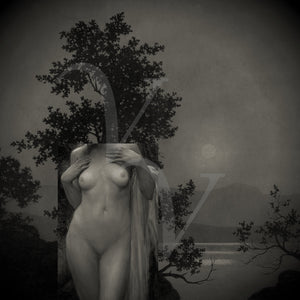 Surreal pagan nude collage. Woman by full moon. Incantation