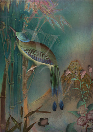 Rainbow Garden. Bird in an exotic landscape collage. Fine art print