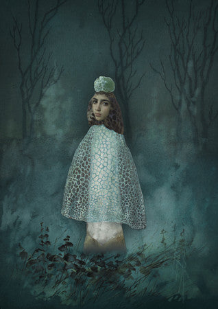 Somewhere Else. Mushroom person in forest. Original collage. Fine art print 