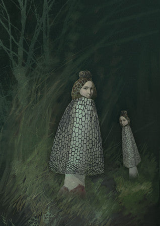Night Walkers. Mushroom people in night forest collage. Fine art print