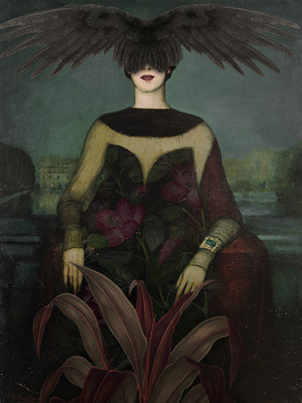 Perfume. Original collage. Mysterious bird woman with dark flowers