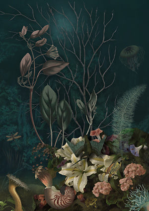 Sea Forest. Underwater dark floral nature collage. Fine art print 