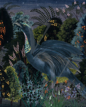 Moonlit Night. Exotic bird in flower forest. Original collage. Fine art print