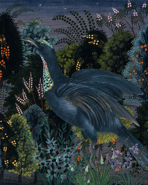 Moonlit Night. Exotic bird in flower forest. Fine art print