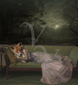 Fox woman sleeping under moonlight. Original collage. Fine art print