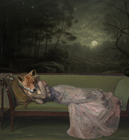 Fox woman sleeping under moonlight. Original collage. Fine art print 