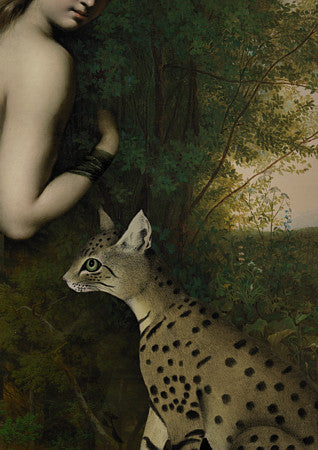 Woman with a wild cat. Original collage. Serendipity. Serval or Ocelot. Fine art print