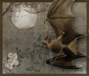 When the Night Falls. Bat with Full Moon and Blossoms collage. Flying Fox. Fine art print