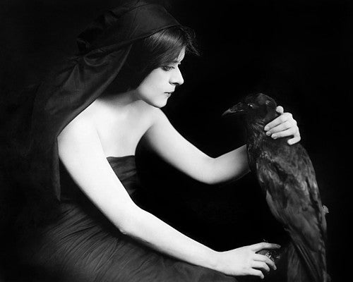 Theda Bara with a crow. Vintage photograph. Dark Gothic fine art print