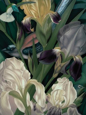 Floribunda dark botanical print with birds and flowers. Original collage. Fine art print 